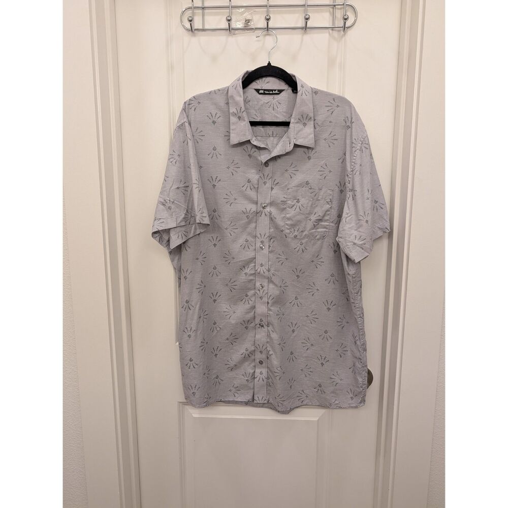 TravisMathew Mens XXL Grey Palm Geometric Short Sleeve Button Up Shirt Golf 2XL